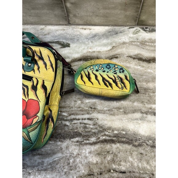 Anuschka Hand Painted Art Leather Tiger Leopard Hibiscus Satchel Purse W/Coin - Picture 4 of 16